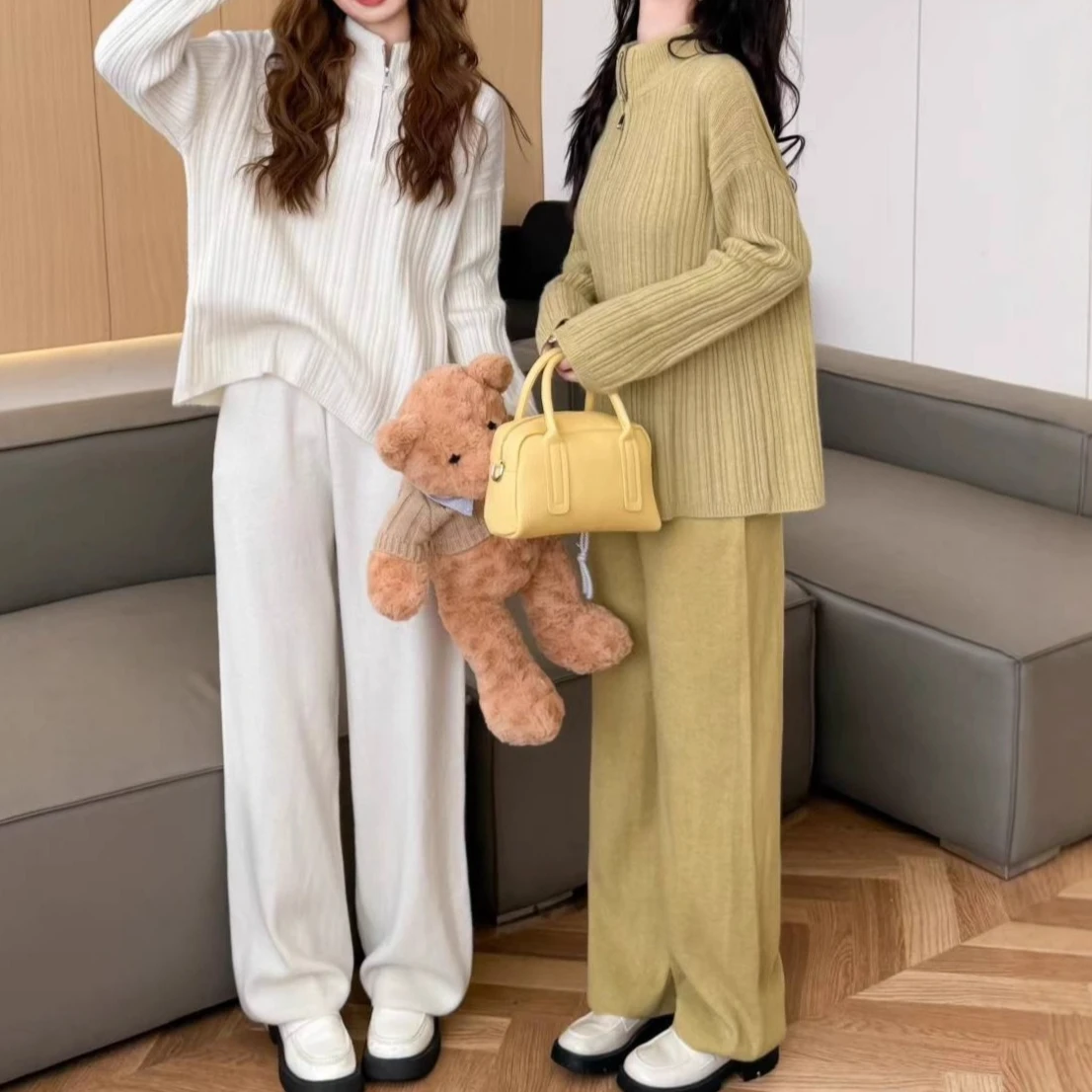 

Women Two Pieces Solid Pants Sets Knitted Set Half Zip O Neck Pullover Top Full Lenth Wide Leg Pant Loose Fit Casual 2025 Autumn