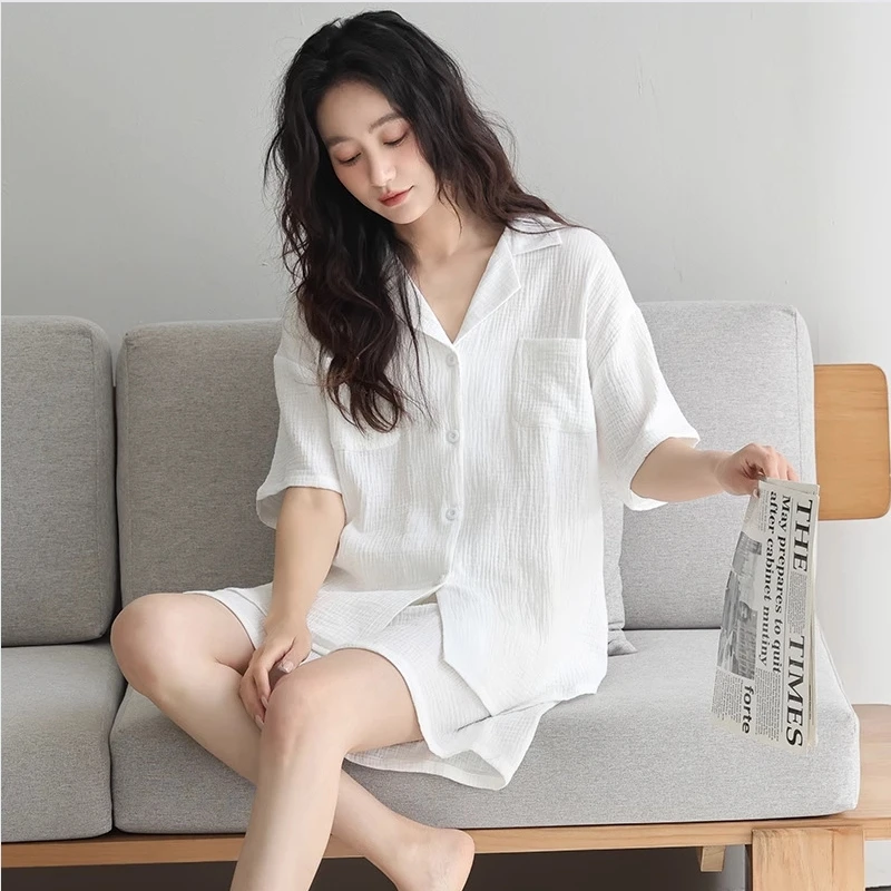 Couple's sleepwear, women's summer thin design, pure cotton double-layer gauze short sleeved shorts, men's soft home clothes, wh