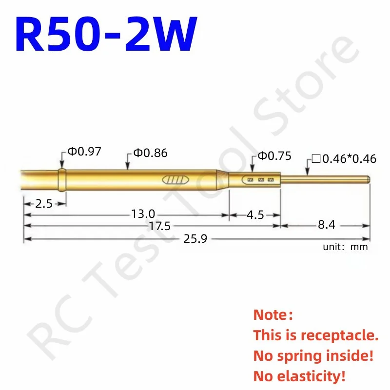 

20/100PCS R50-2W Test Pin P50-B1 Receptacle Brass Tube Needle Sleeve Seat Wire-wrap Probe Sleeve Length 25.9mm Outer Dia 0.86mm