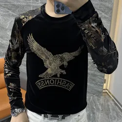 2023 Autumn Animal Eagle Luxury Gold Velvet Long Sleeved T-shirt Fashion Men's Personality Flower Sleeves Fashion Hot Diamond