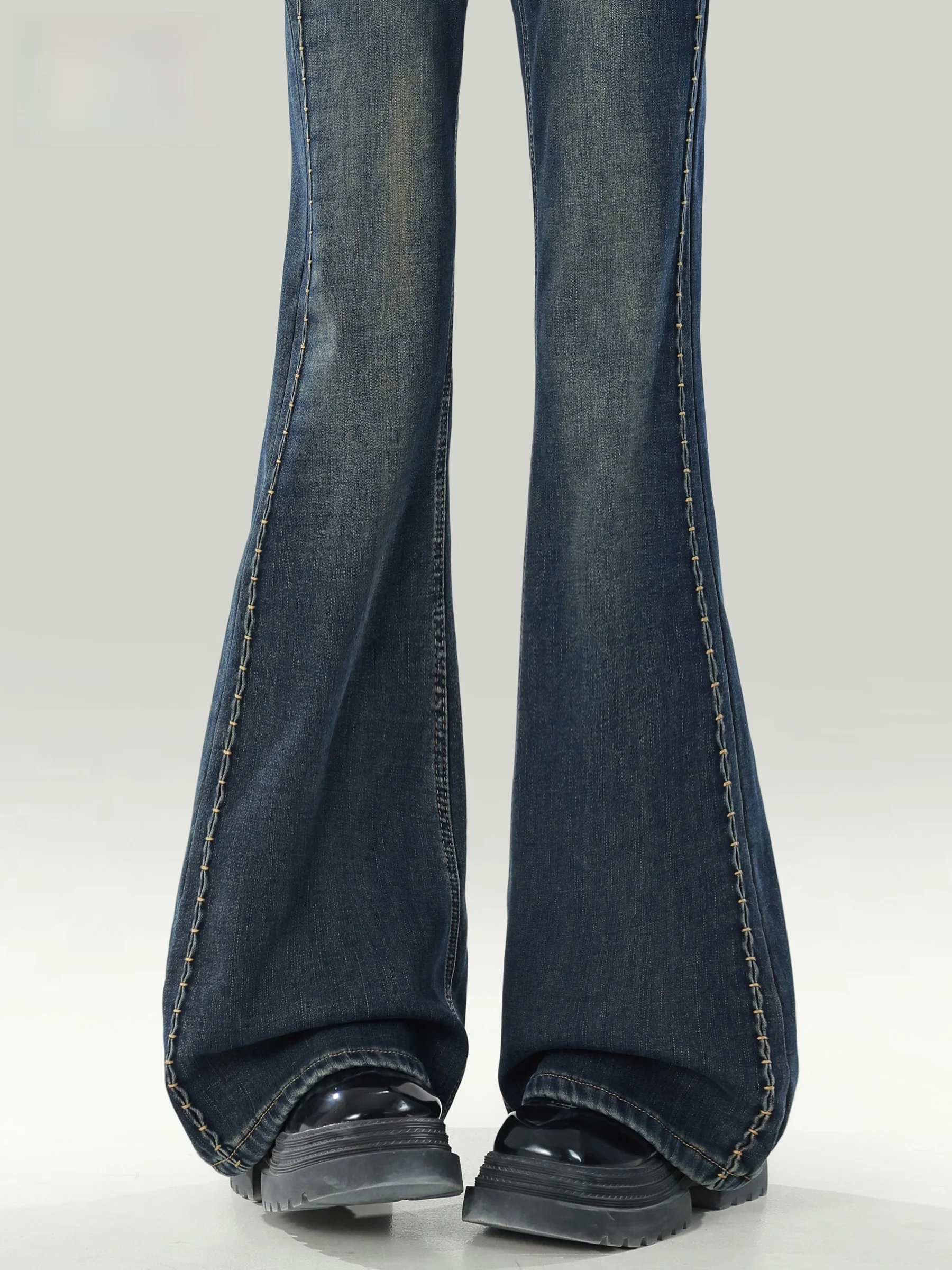 

Ретро синие эластичные джинсы-клеш с вышивкой, женские свободные джинсы-клеш с высокой талией, повседневные, весенние, не облегающие, с эффектом похудения