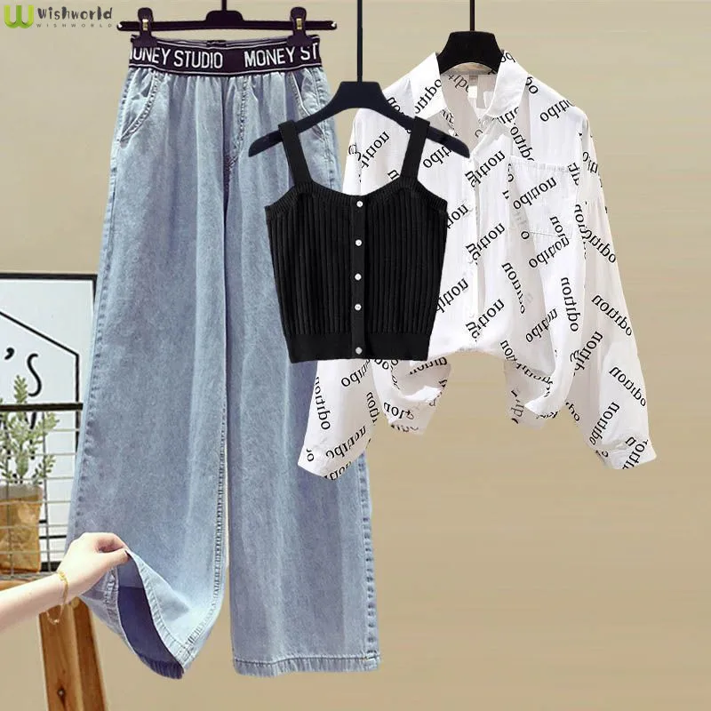 Large Women's Clothes Fat Sister Spring and Autumn Women's Suit Loose Shirt Top Small Suspender Jeans Three Piece Set