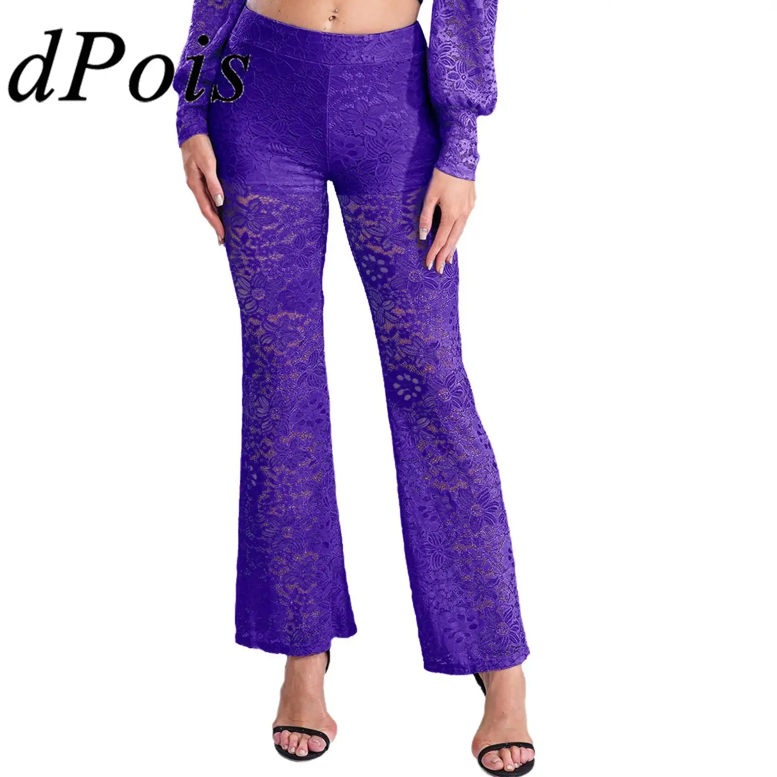 Womens Flares Broek Bloemen Kanten Broek Hoge Taille Zien Door Kant Wijde Pijpen Broek Uitlopende Lange Broek Mode Yoga Streetwear