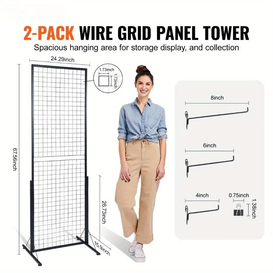 

2' x 5.6' Grid Wall Panels Tower 2 Packs Wire Gridwall Display Racks with TBase Floorstanding Double Side Gridwall Panels for A