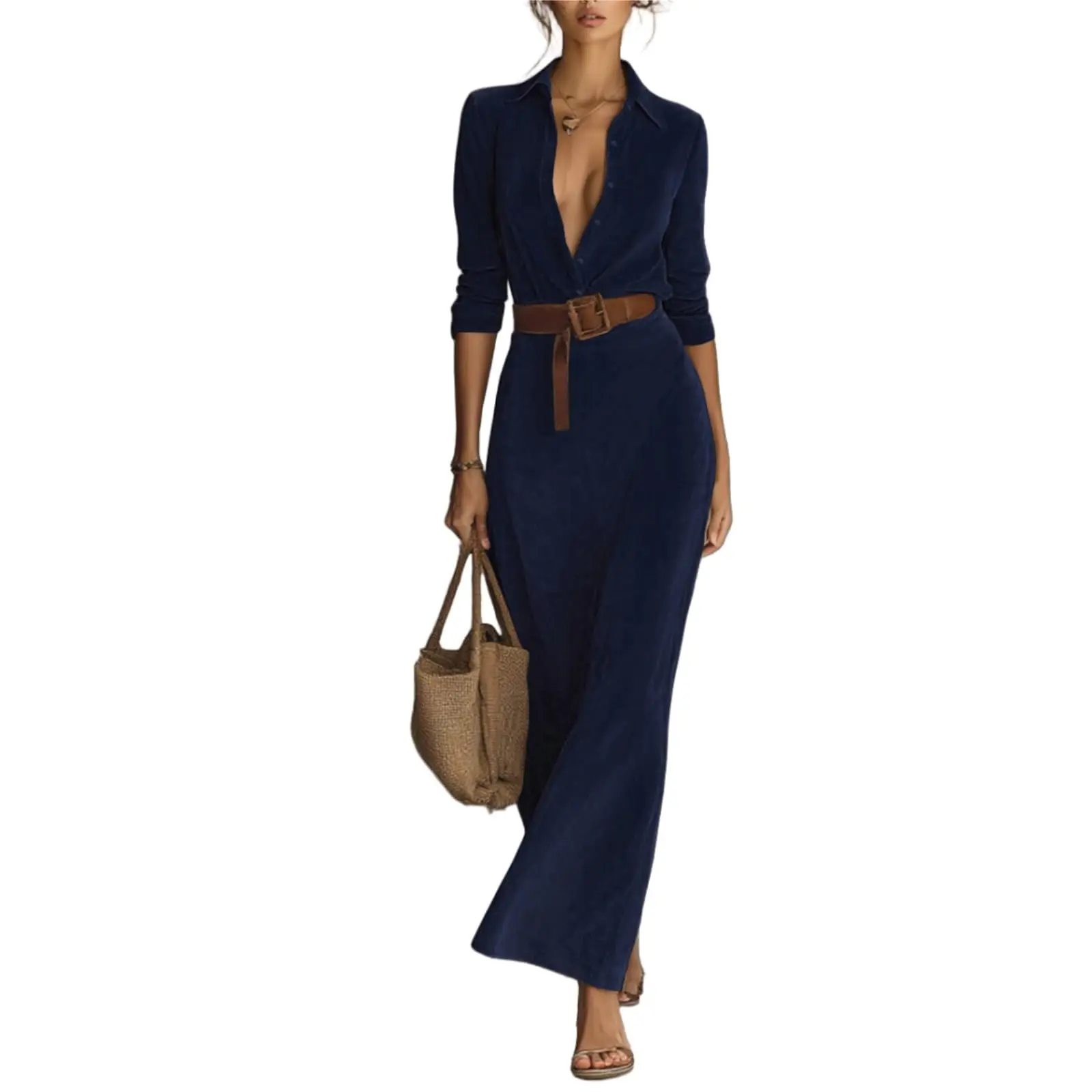 Women's Minimalist Solid Belted Lapel Shirts Dress Winter Long Sleeve High Waisted Suede Dress Female Casual Party Maxi Dresses