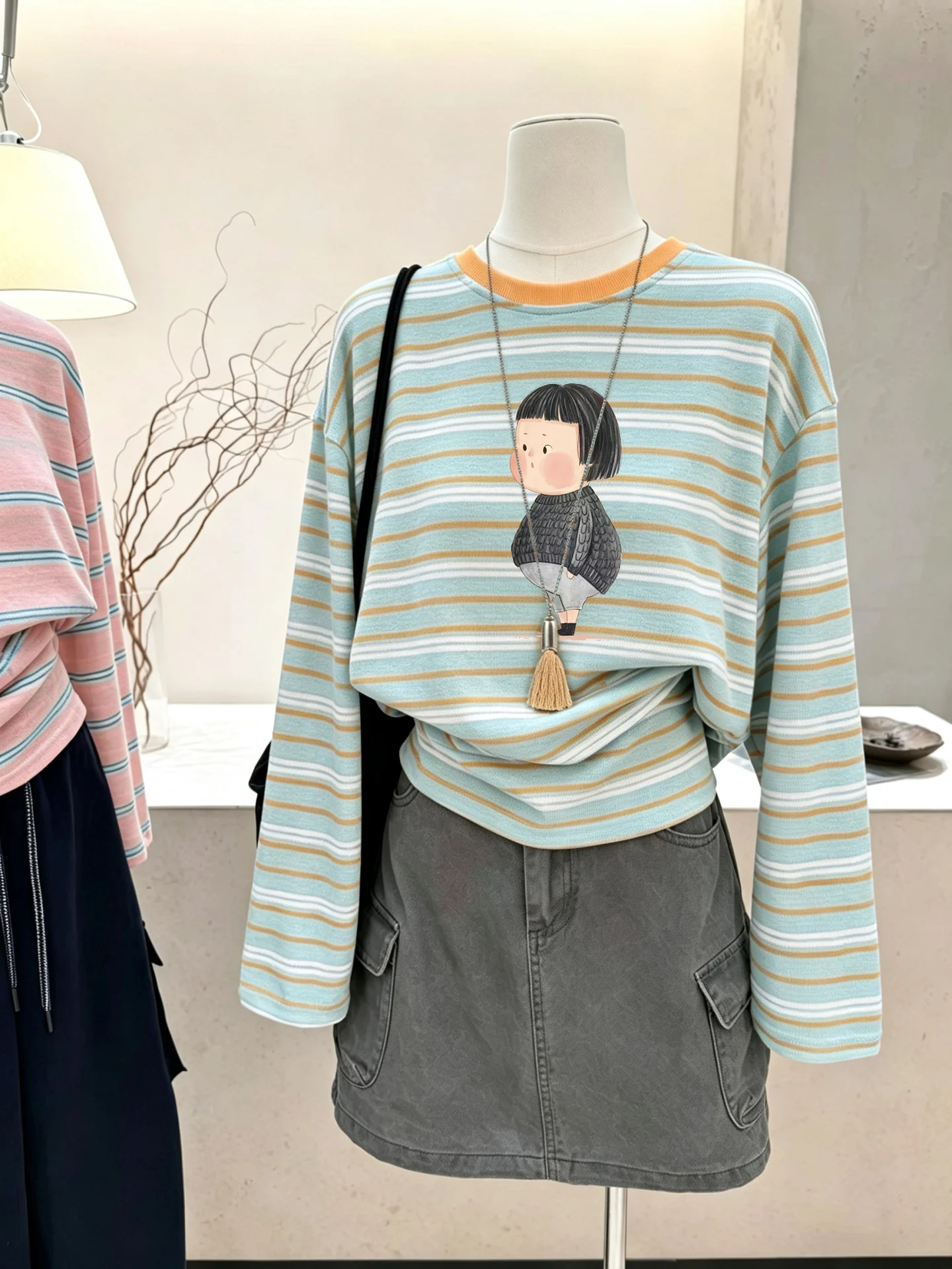 Loose Long Sleeve T-Shirt Women's Rainbow Stripes Lazy Style Cotton Casual Top Slimming Cover up Autumn New Arrival