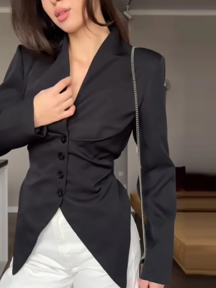 

Women's Sexy Deep V-neck Blazer Jackets Women Elegant Single breasted Asymmetrical Blouses Casual Long Sleeved Solid Slim Coats