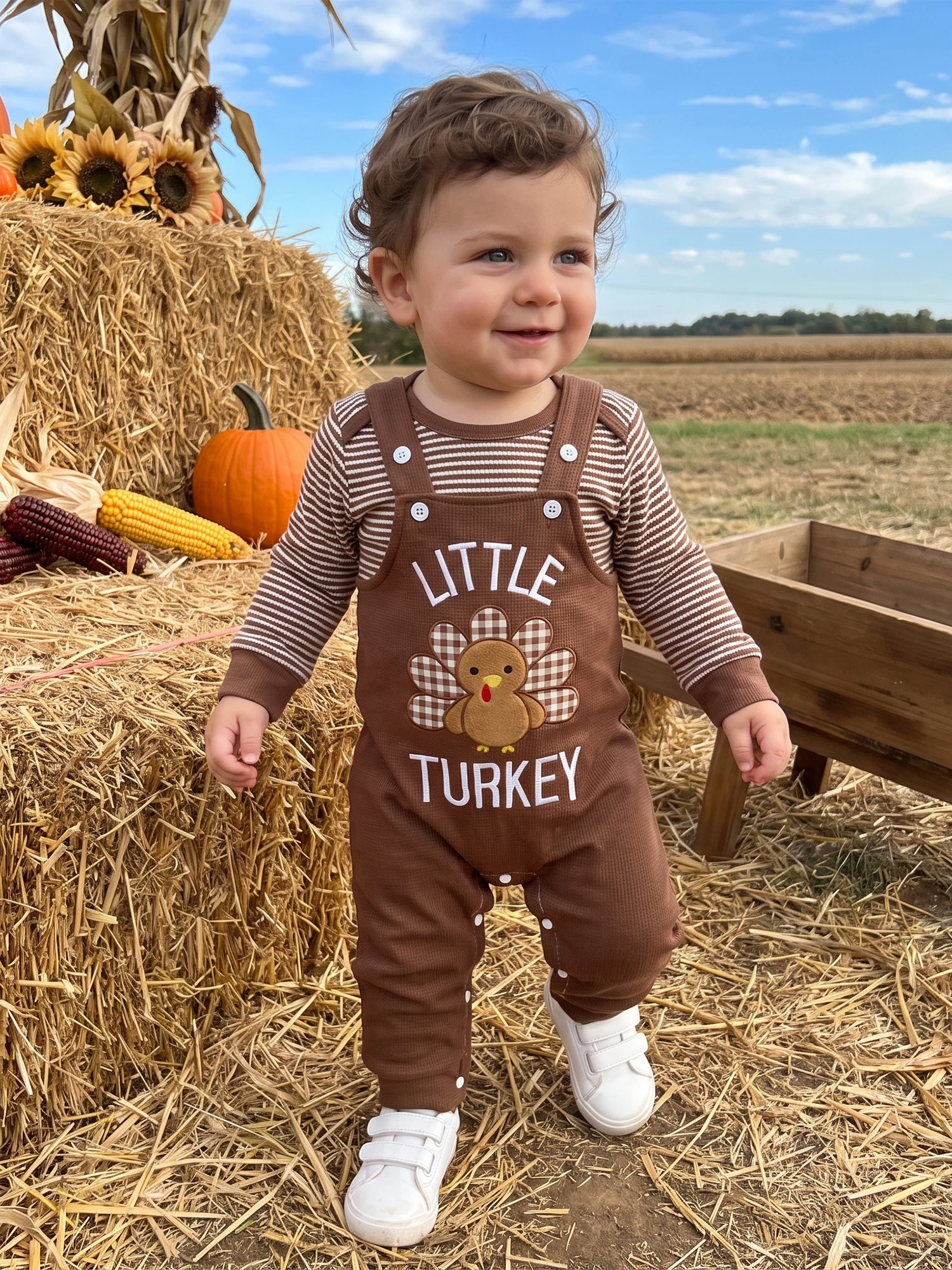 Boy Thanksgiving Turkey Embroidery Overalls Rompers Turkey Thanksgiving Turkey Embroidery Striped Boy Lightweight Boy