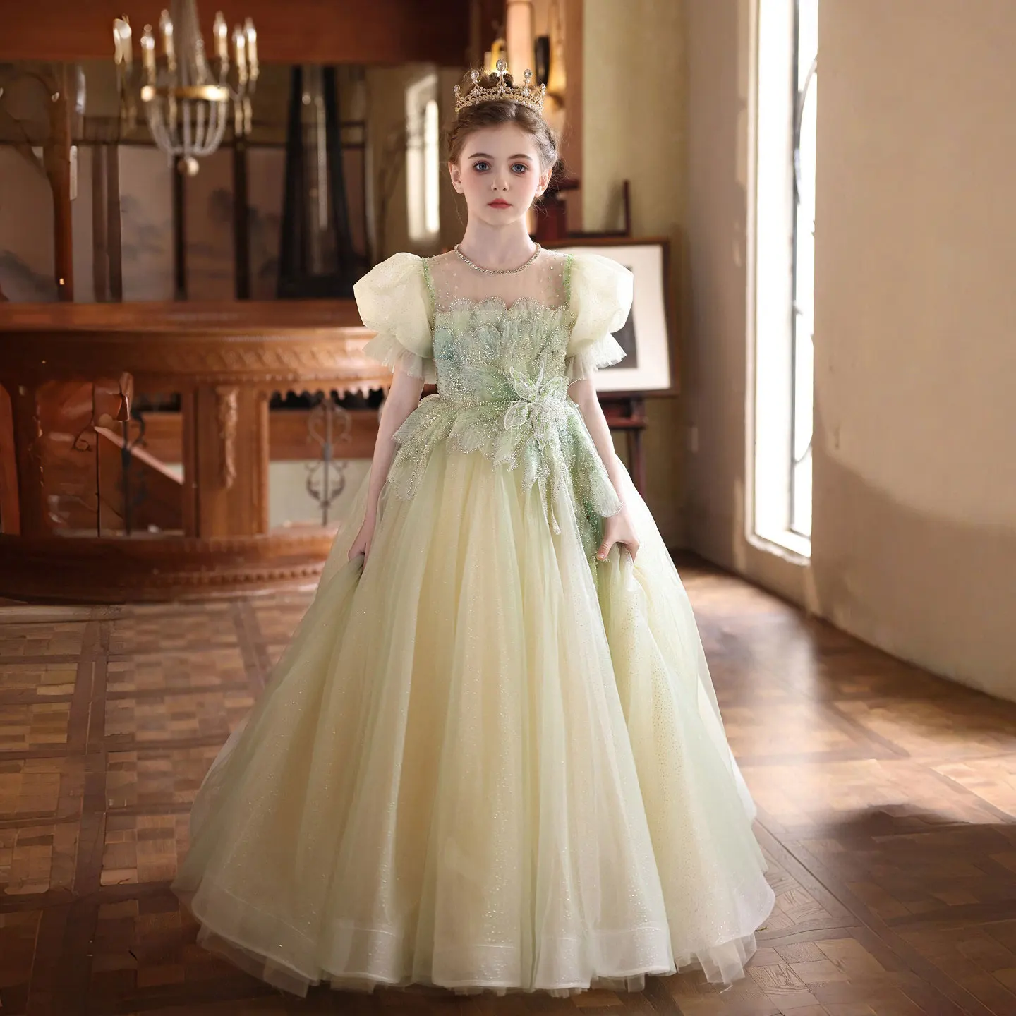 Jill Wish J219 Sage Green Flower Girl Dress Long Sequin Beading Puff Sleeve Kids Wedding Gown Girls Birthday Party Princess