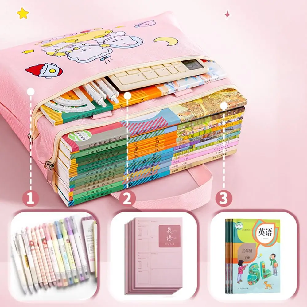 Picture 7: Cute Double Layer Tote School Bag Cartoon Canvas A4 File Bag Large-capacity Tutoring Bag Students
