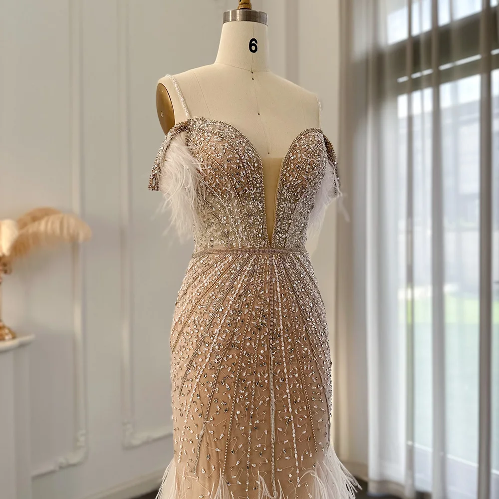 Sharon Said Luxury Feather White Nude Prom Evening Dress Mermaid Navy Blue Wedding Formal Party Gown SS121 Customized