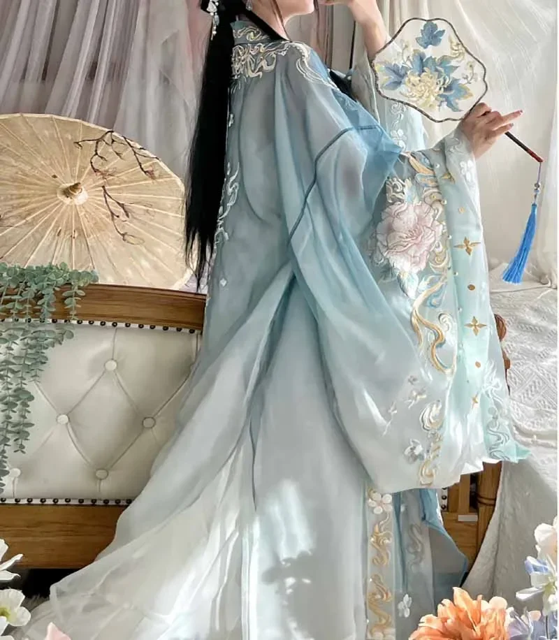 伝統的な中国の漢服セット,高品質の刺embroidery,カーニバルの衣装,コスプレ衣装,グラデーションブルー,中国語
