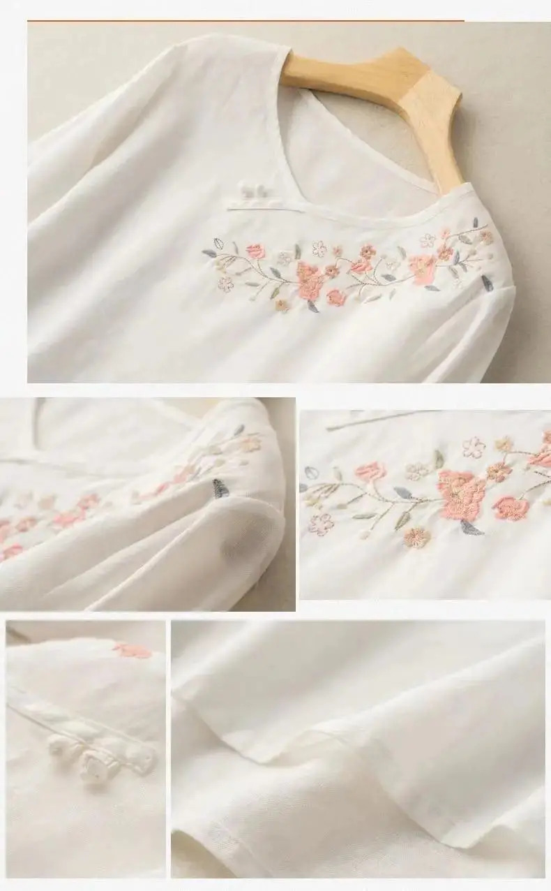 Buttoned Embroidered Shirt for Women's Artistic Retro Summer New Style Cotton Loose Embroidered Quarter Sleeved Top for Women