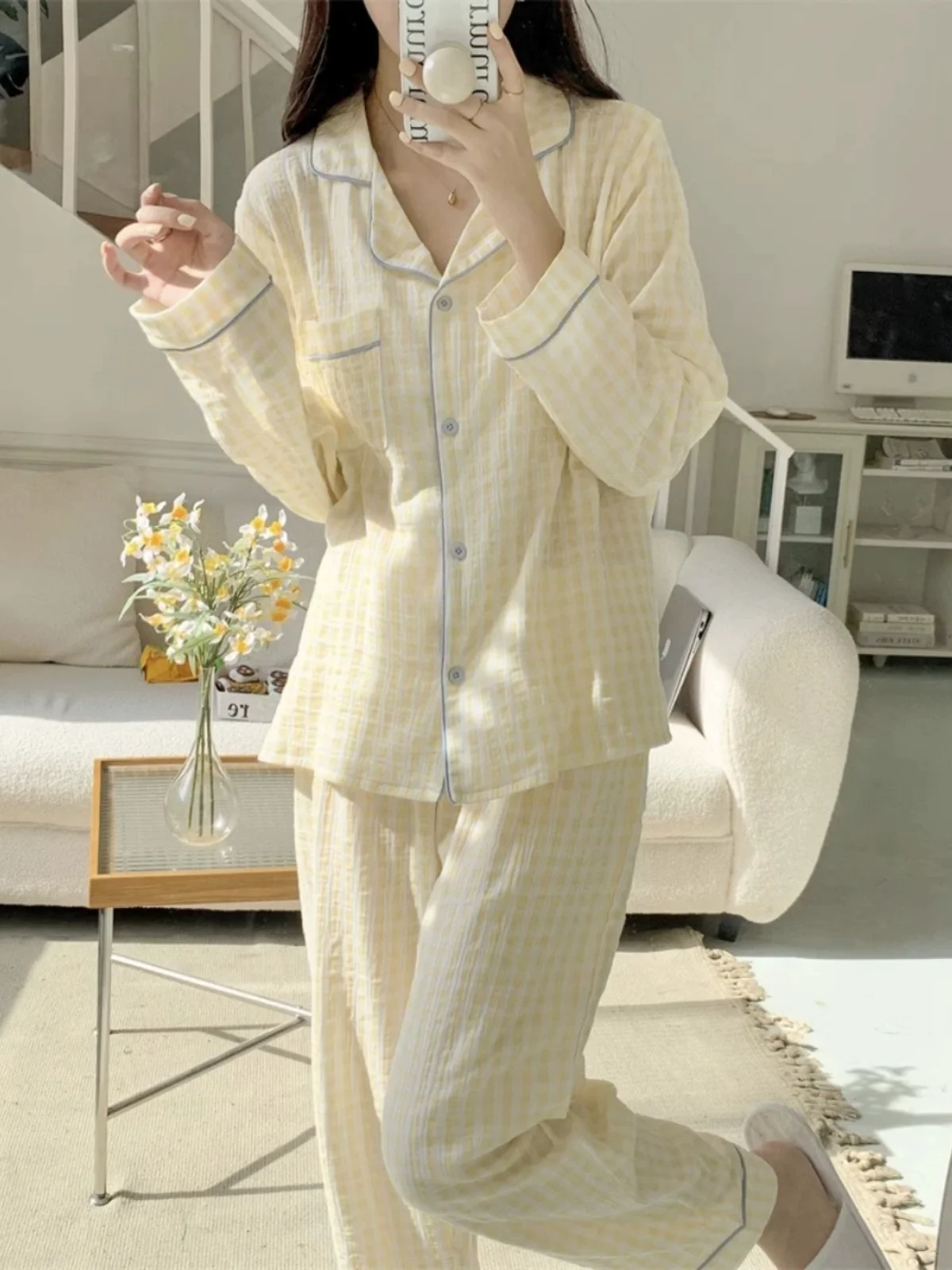 Plaid Couples Sleepwear Long Sleeve Long Pants Home Clothes Two-Piece Set Autumn Spring Korean Style Simple Color Collision