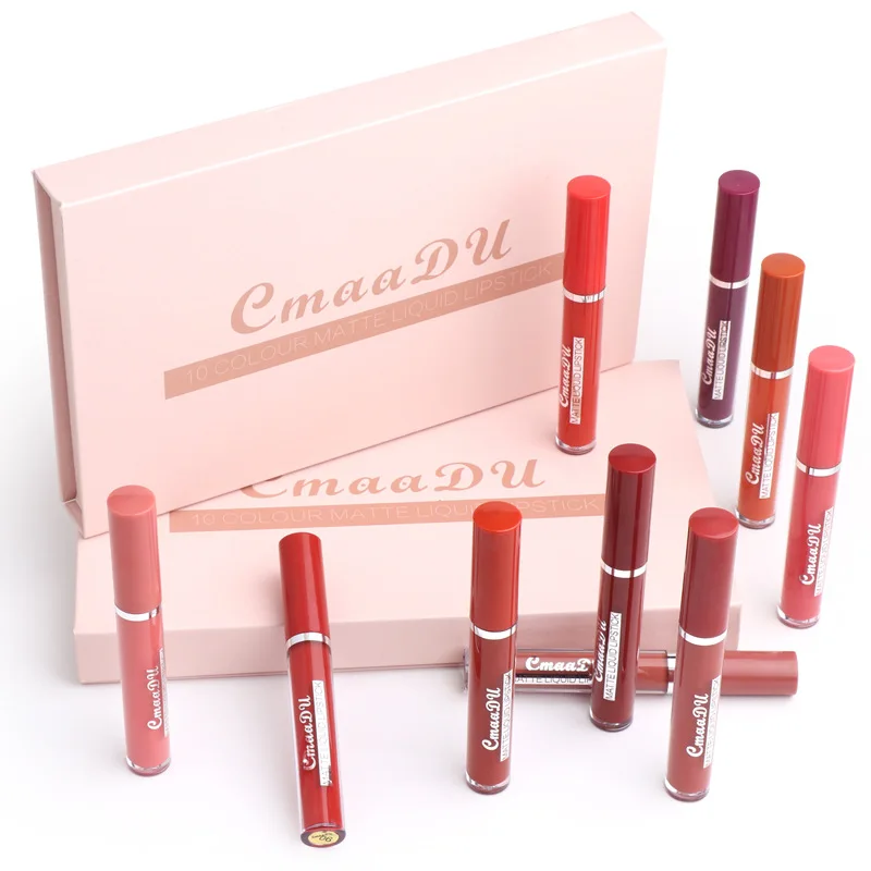 CmaaDu nuevo 10 colores/juego impermeable mate lápiz labial desnudo brillo de labios pigmento rojo oscuro brillo de labios hidratante lápiz labial Kit de maquillaje para mujer