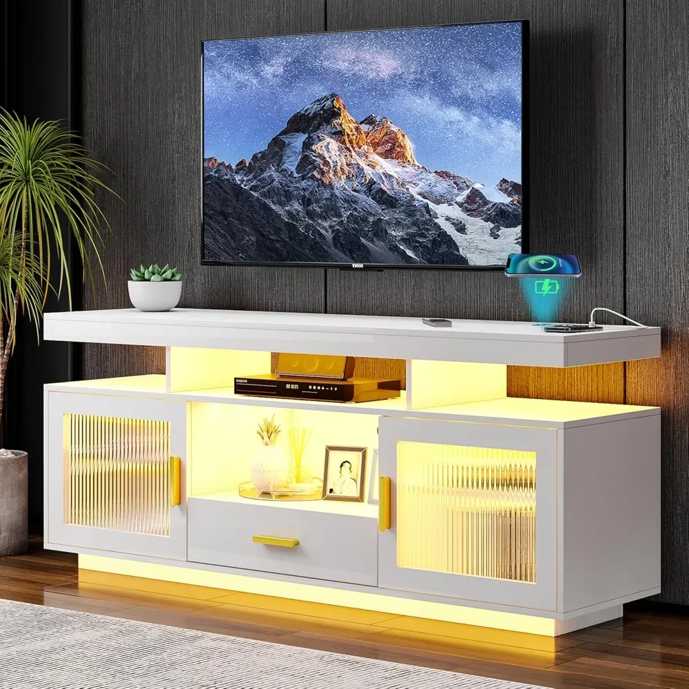 TV Stand 24-Color RGB, Auto Sensor LED Entertainment Center with Wireless Charging Station & Large Storage Cabinet, TV Stand