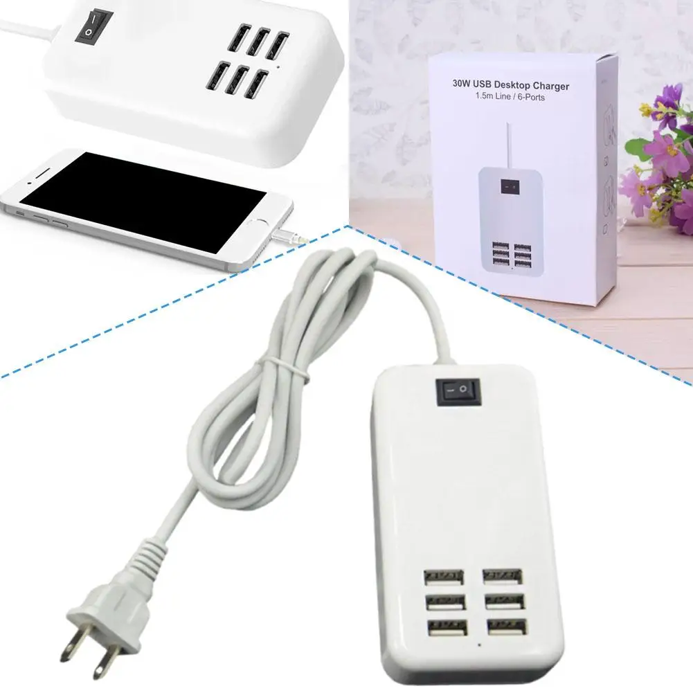 6 Port Usb Hub Desktop Wall 30w Charger Ac Power Adapter Us Charging Plug Socket Plug Extension Eu With Switcher Slots Outl M4z1