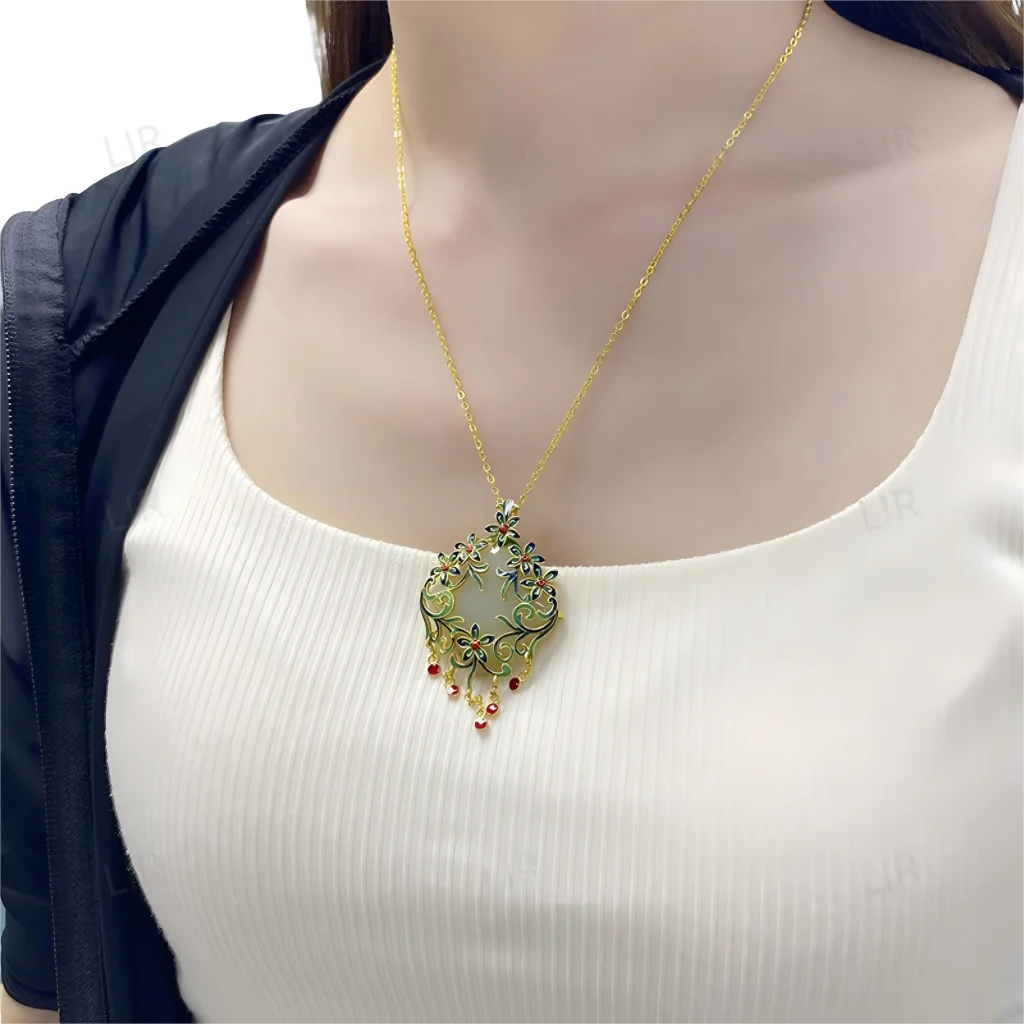 قلادة LIR النسائية: قلادة من اليشم الهيتي الطبيعي "رائحة الأوركيد" بشرابة من المينا المجوفة |   المجوهرات الجميلة مع شهادة اليشم