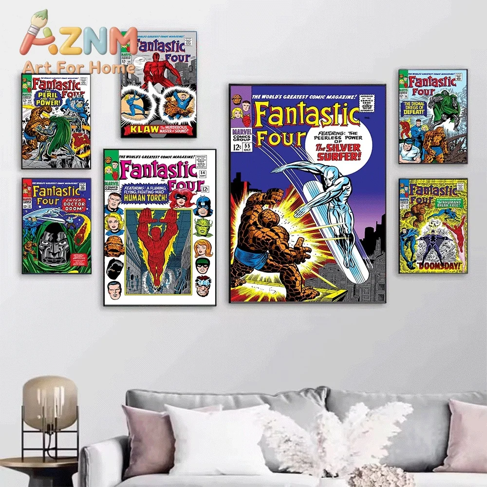 AZNM Fantastic Four This Man This Monster Vintage Comic Cover Collage Canvas Wall Art Unframed Print, Superhero Poster for Bed