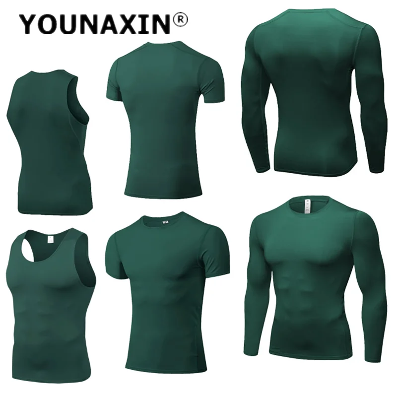 YOUNAXIN Men's Dark Green Fitness Sports Tights Running Vest Short-sleeved Long-sleeved T-shirts Quick-drying S M L XL 2XL 3XL