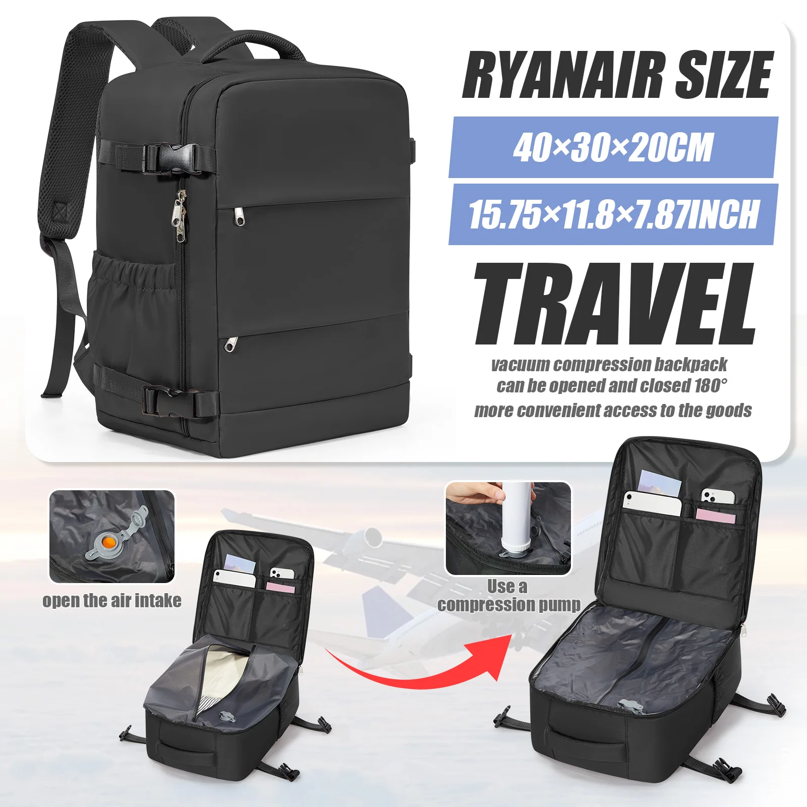 Sac à dos sous vide Ryanair 40x30x20, sac à dos de voyage pour courtes distances, sac de cabine WizAir pour ordinateur portable 15.6 pouces, sac à dos de loisirs pour hommes