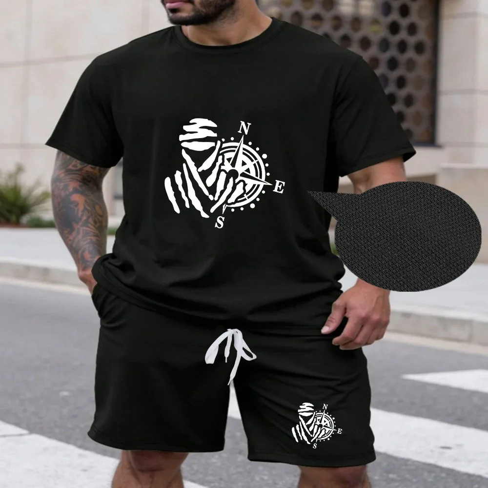 

2026 Summer New Men Pineapple Round Neck Short Sleeve Shorts Two Piece Set Loose Large Outdoor Sports Running Solid Color Set