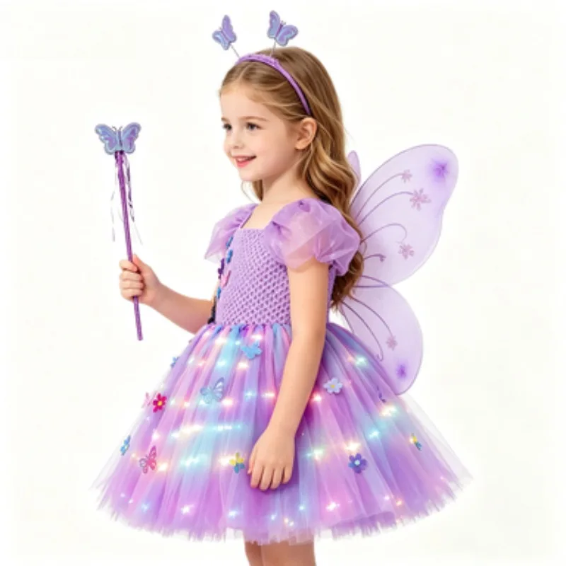 LED Light Up Tulle Princess Puffy Skirt,Girls' Party & Stage Outfit Set,Halloween, Christmas & Festival Performance Formal Dress