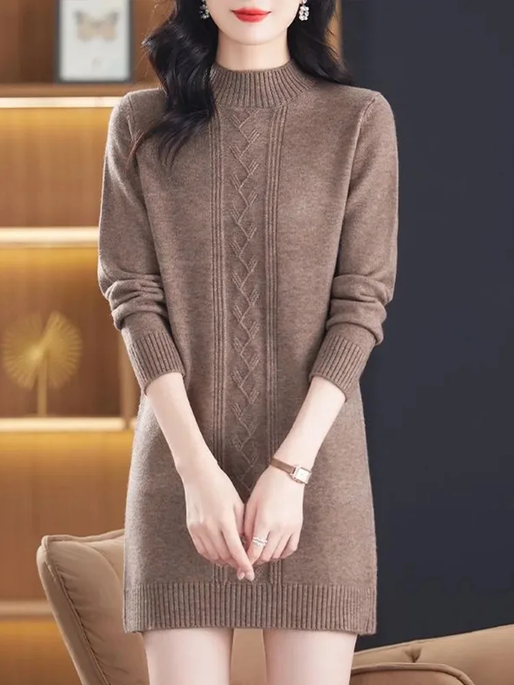 

Thiened Knitted f-High Collar Sweater Dr Women's Medium-Length Autumn Winter Slimming New Sle Loose Faionable Bas...