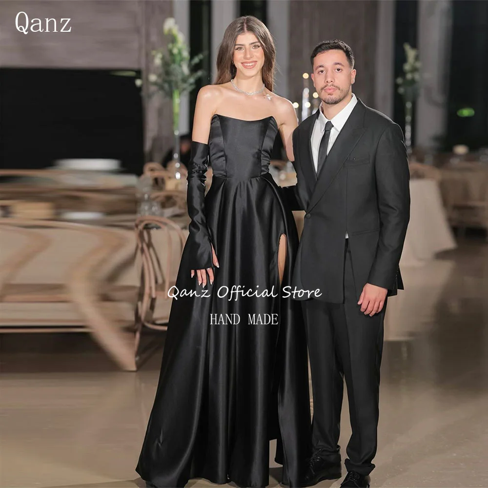 

Qanz Vintage Soft Satin Women's Formal Evening Gowns Slit Long A line Robes De Soirée Detachable Sleeves Prom Dress Customized
