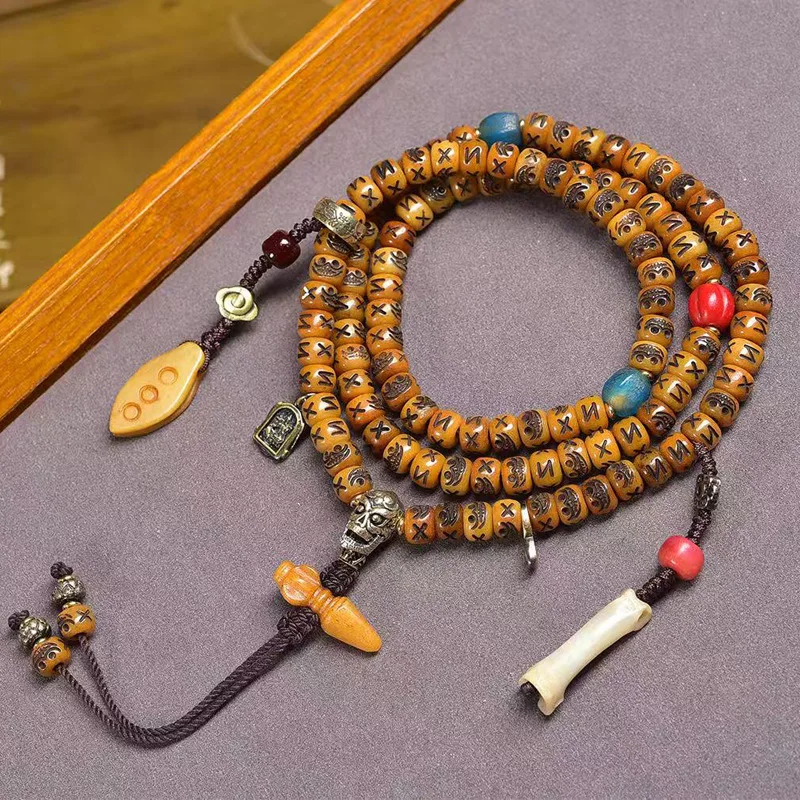 

Tibetan-Style Reclaimed Bone Carving: 108-Bead Buddhist Prayer Beads with A-Dai Tung Beads, Cultural Artifact, Glazed Yak Bone