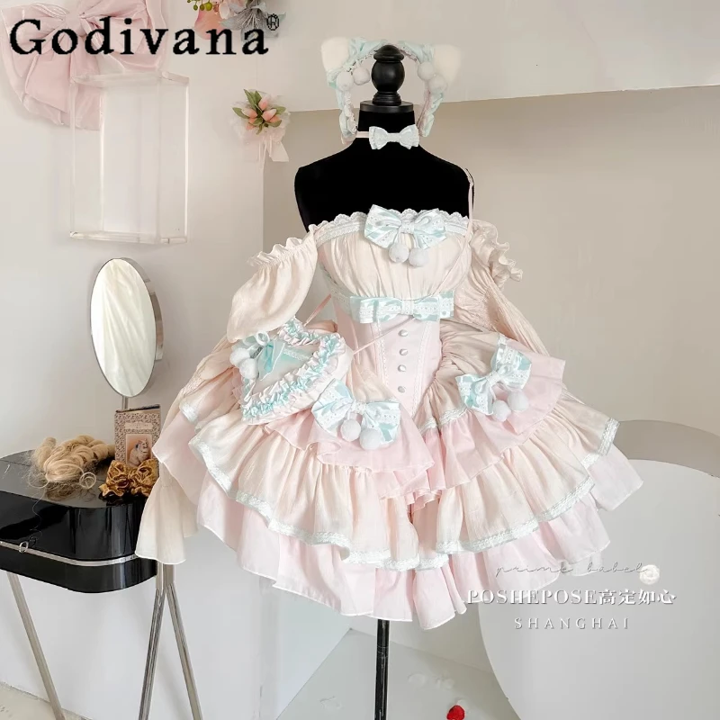

Pink Sweet Ball Gown Girls Slim Fit Tube Top Mini Dress Princess Lolita Style Birthday Party Dress Women's Evening Dress Summer