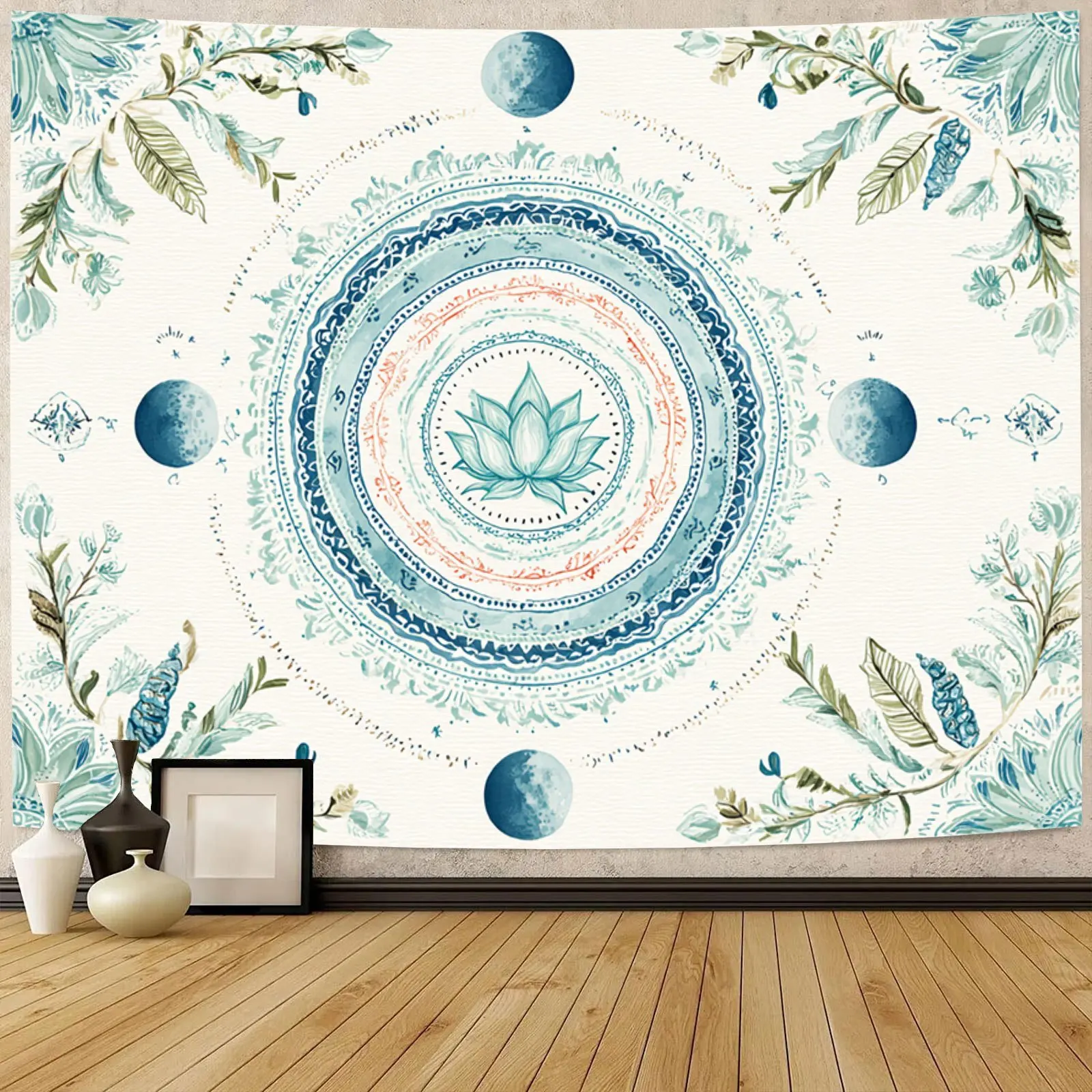 Boho Mandala Lotus Floral Tapestry Wall Hanging Blue Watercolor Leaf Boho Picnic Outdoor Polyester Decor Art for Home