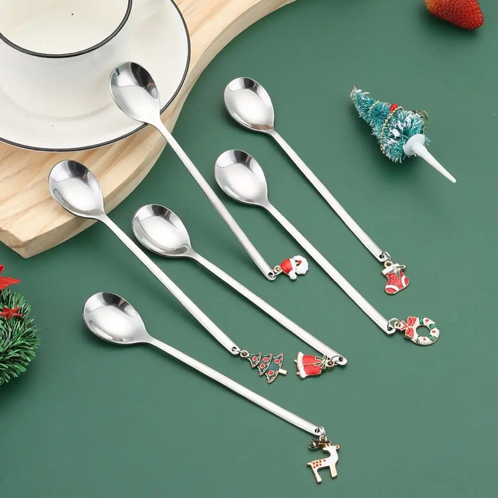 Stainless Steel Christmas Spoon Set Creative Tableware Elk Pendant Tea Spoon Party Ornament Style Exquisite Craft Coffee Spoon