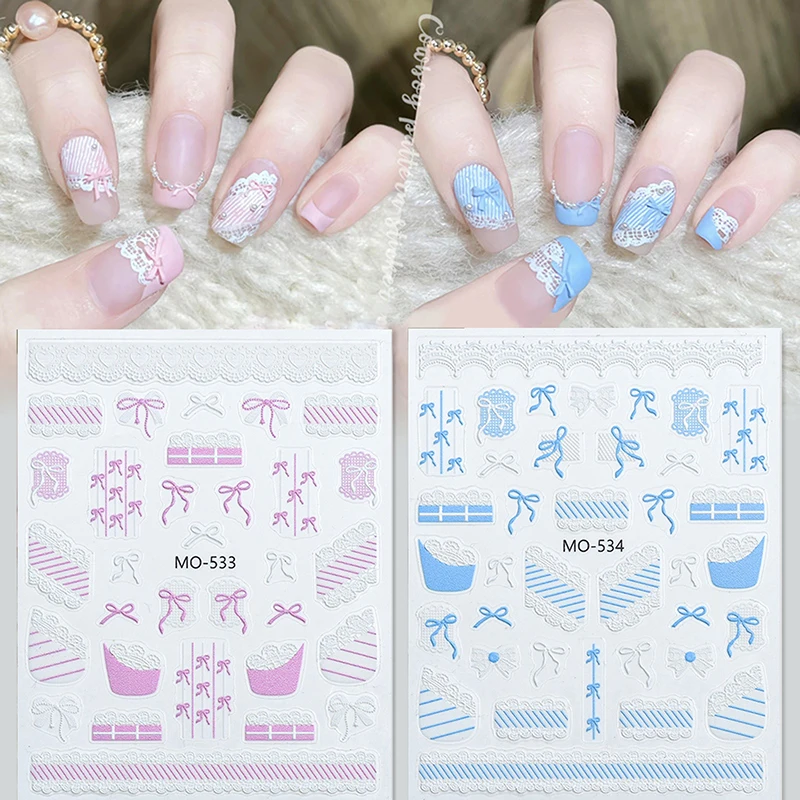 

5D Relief Kawaii Lace Edge Jeans Ribbon Bow Adhesive Nail Art Stickers Decals Manicure Lovely Cute Ornaments