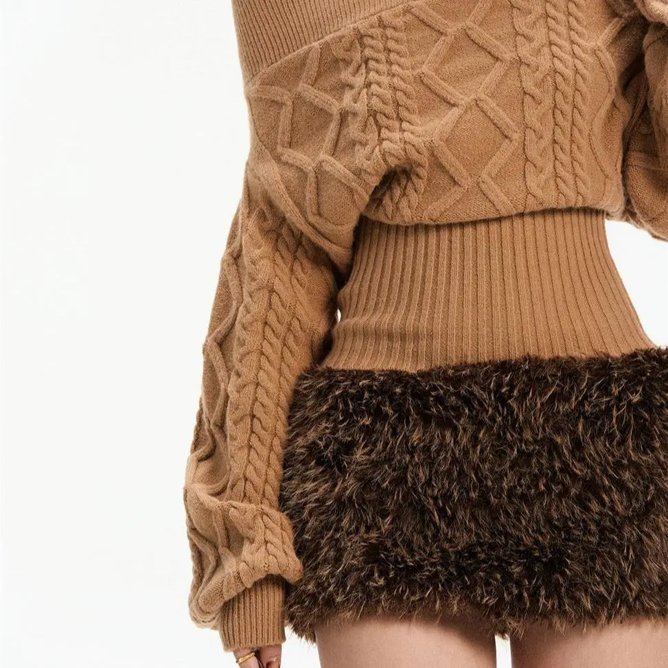 Grosso tecido z-padrão camelo um ombro cintura fina viajando estilo coreano camisola de malha para mulher 2025 outono e inverno