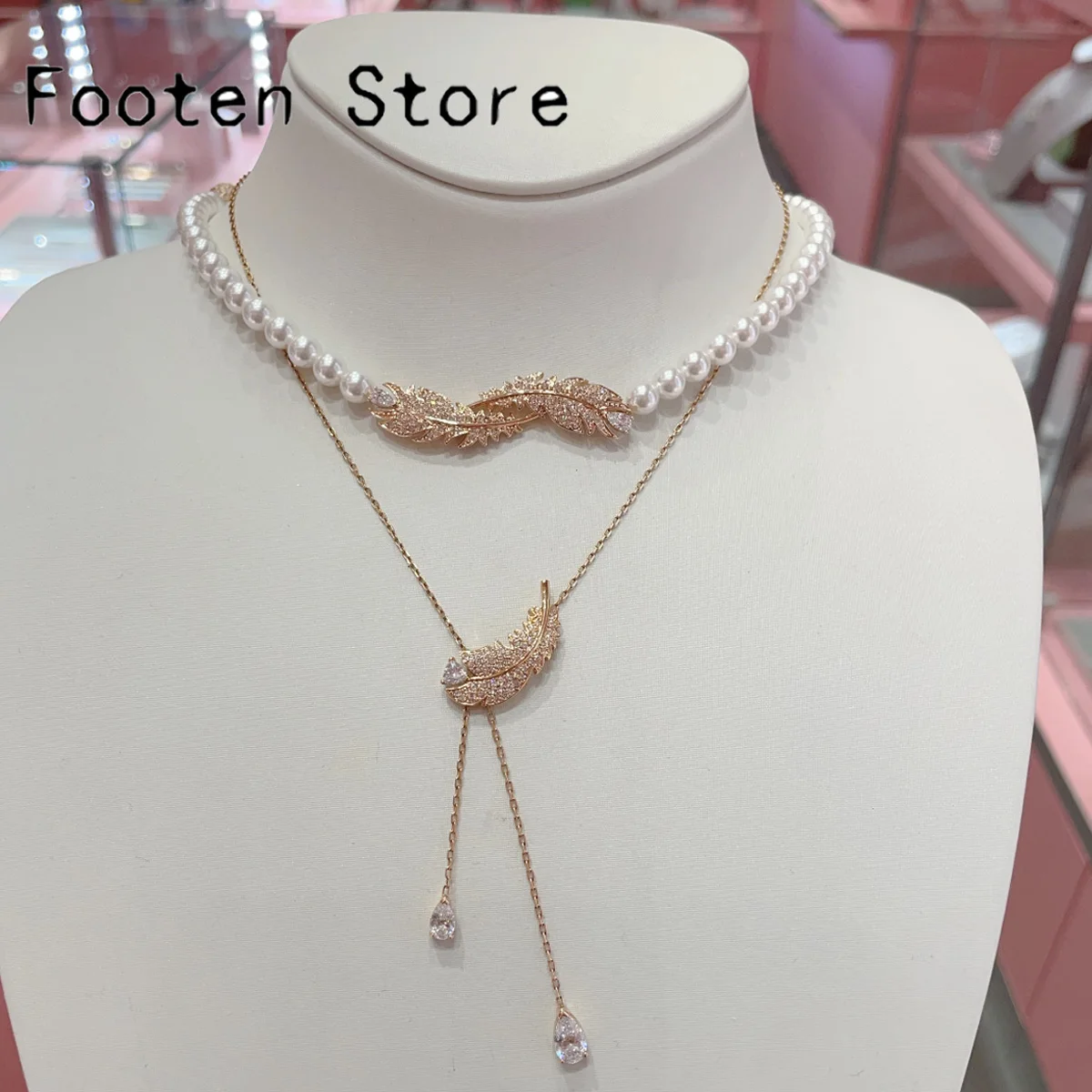 Original 2024 New Romantic Party Gift Charm Rose Gold Feather Pendant Luxury Pearl Necklace Earrings for Women High Jewelry Set