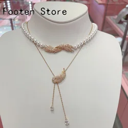 Original 2024 New Romantic Party Gift Charm Rose Gold Feather Pendant Luxury Pearl Necklace Earrings for Women High Jewelry Set