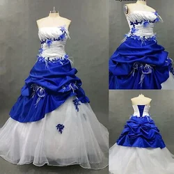 Fantasy Ruched Garden Wedding Dress A-Line White And Royal Blue Long Bridal Gown Strapless Lace-Up Corset Plus Size Customized