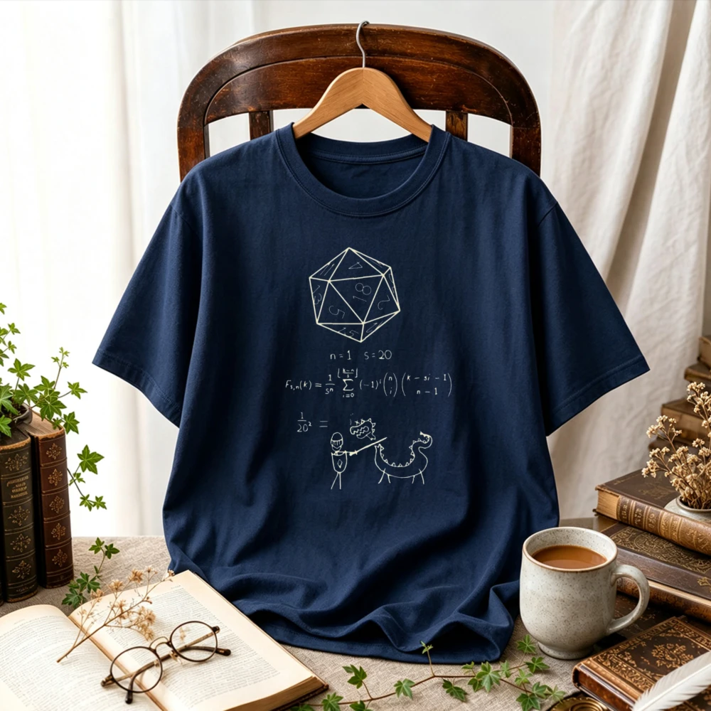 D20 Dice Dragon Math Formula DnD Graphic T Shirt Tabletop RPG Gamer Print Unisex Casual Cotton Fantasy Gaming Lover Tee Tops