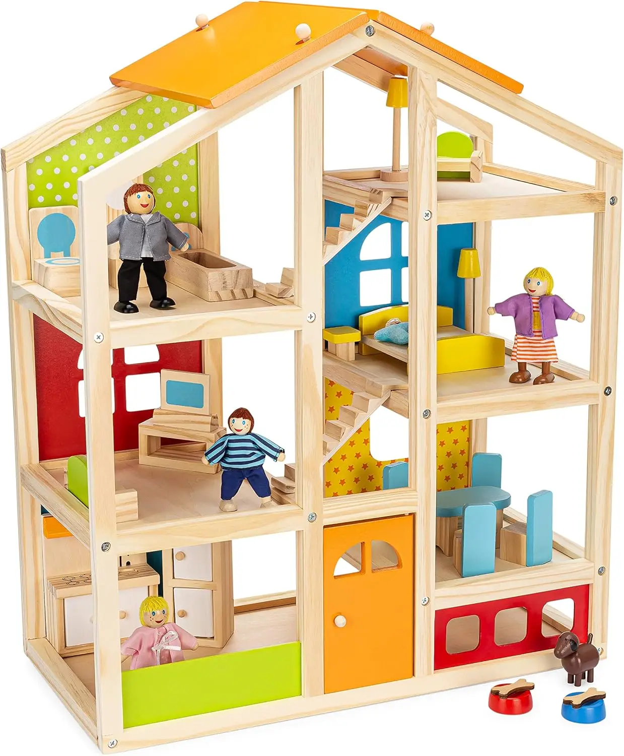 Skylar Wooden Dollhouse, Includes 20 Pcs Furniture Accessories, 5 Family Dolls & a Pet Dog, Wood Dollhouse for 3-5 Year Old Kids