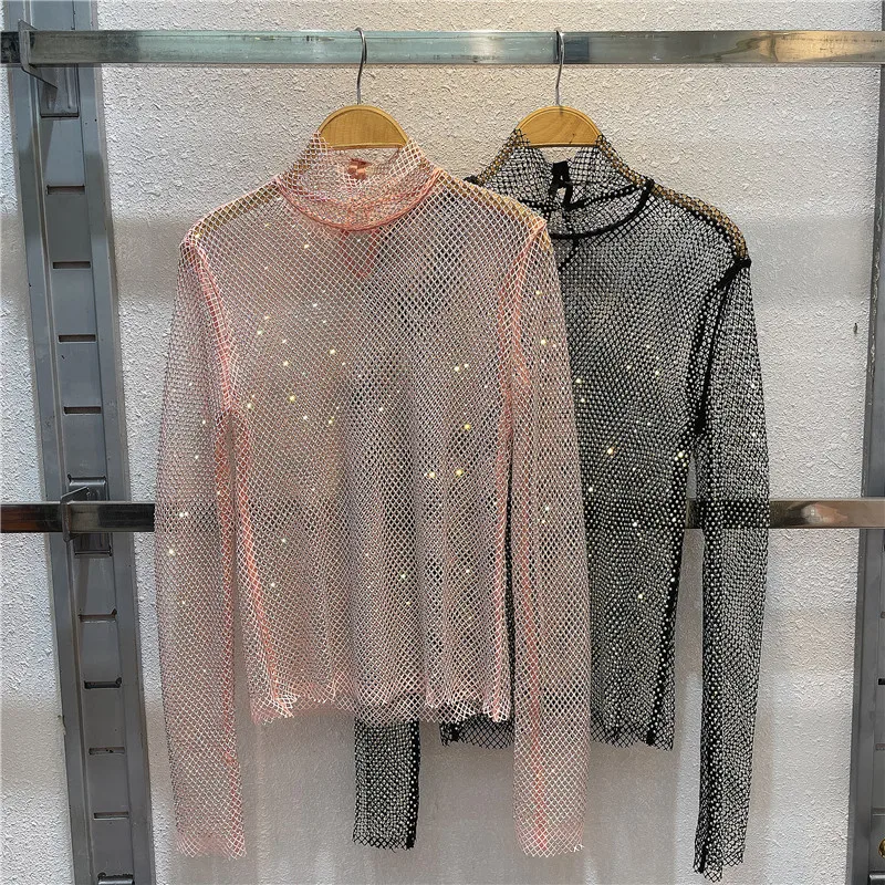 2024 New Crystal Hollow out See Through Tops Shiny Long-Sleeved Turtleneck Shirt Sexy Slim Mesh Rhinestone Shirt Club Party Tops