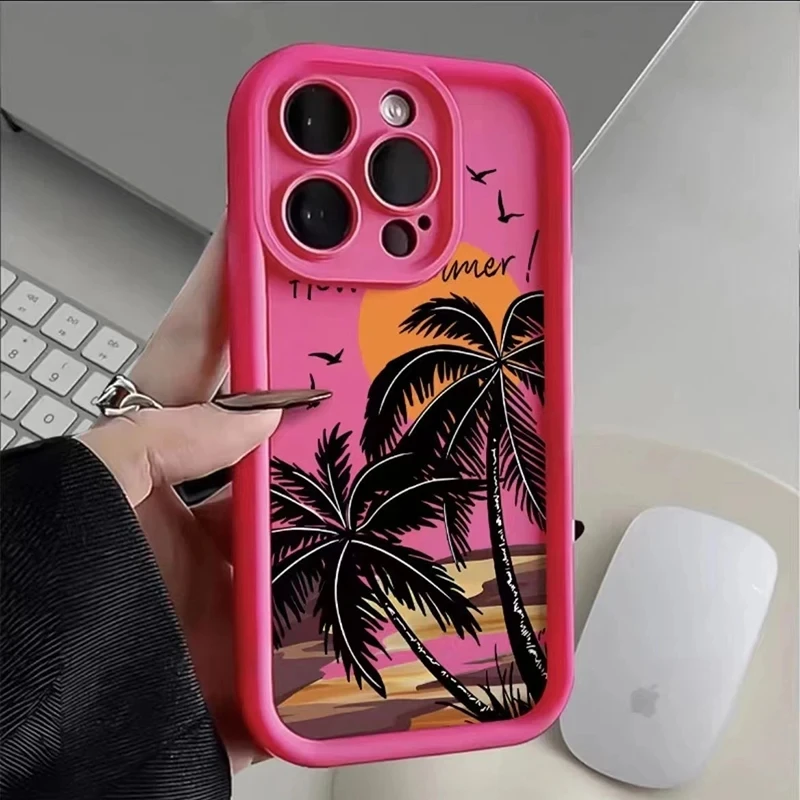 Sunset Coconut Tree Silicone Phone Case For iPhone 15 14 13 12 11 Pro Max XS XR X 7 8 Plus SE 2020 Shockproof Candy Color Cover