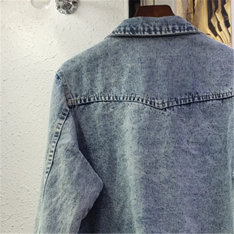 Mehrfarbige Diamanten Niet Große Tasche Denim Jacke Frauen Lose Kurze Casual Cowboy Outwear Streetwear Koreanische Jeans Jacke Weibliche