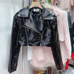 2024 New Fashion Sequins Short Coat Women Slim Lapel Long Sleeve Zipper Spring Autumn Female Black Outwear Korean Streetwear