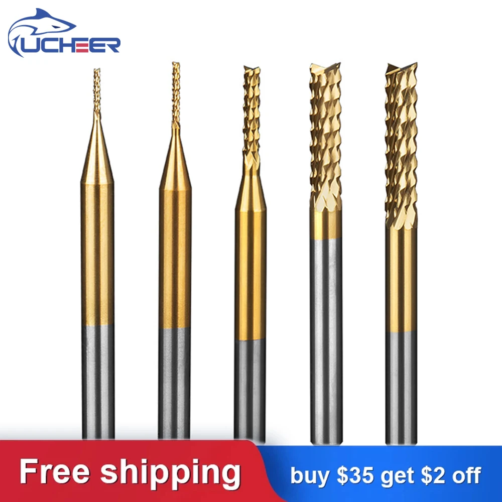 

UCHEER 10pcs 3.175 PCB Corn milling Cutter TiN coating Tungsten router bits cutting end mill for Engraving machine