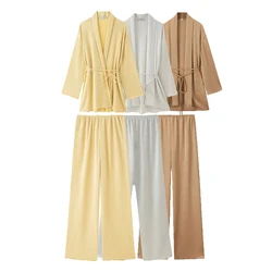 2024 primavera e autunno moda Kimono pieghettato pantaloni Casual 2 pezzi Set cintura con scollo a v pantaloni a gamba larga abiti donna abiti solidi