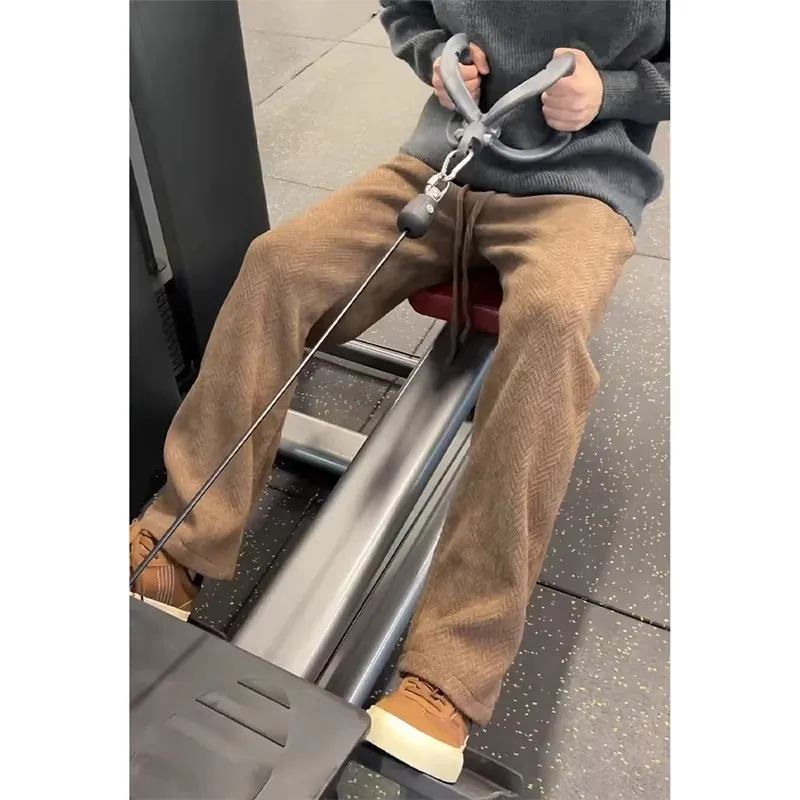 

Brown Herringbone Woolen Wide-Leg For Men Women, Spring And Autumn, American-Style Cleanfit Straight-Leg Pants, Sports Casual