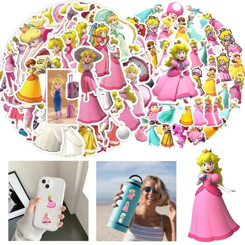 50 Uds. De pegatinas de Super Mario, princesa melocotón, impermeables, para niñas, Anime, lindo álbum de recortes, monopatín, teléfono, decoración DIY, calcomanías, Juguetes