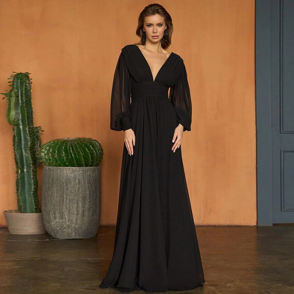 

Black Mother Of The Bride Dresses Classic Chiffon Pleat Ruched Bespoke Occasion Gown A-line V-neck Long Dresses 2024