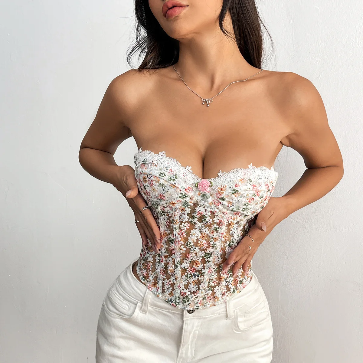 

Women Elegant Sexy Lace-up Bustier Corset Crop Tops Slim Fit Cami Chic Sleeveless Floral Tank Top Boned Bodyshaper Lingerie Vest